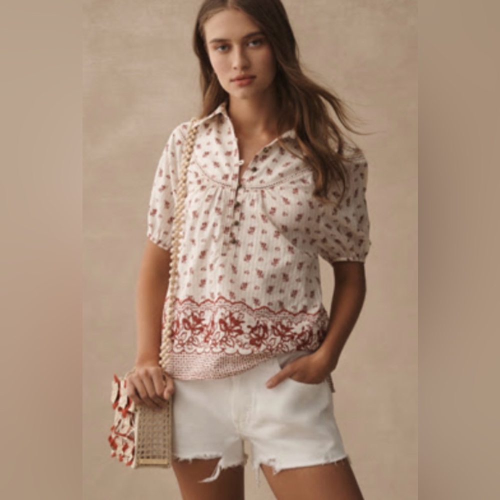 Anthropologie | Pilcro Floral Women's Popover Top - Red and White NWOT